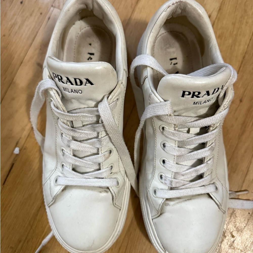Authentic Prada Classic White Lace-Up Sneakers